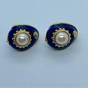 Vintage Joan Rivers Navy Enamel Faux Pearl Gold Tone  Clip Earrings